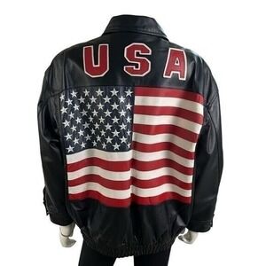 USA American Flag Genuine Leather Bomber Jacket Black Patriotic Women Vintage XL